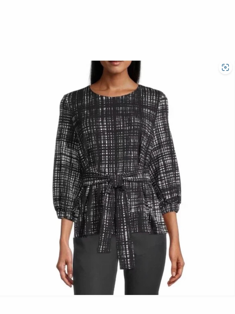 Worthington Black and White Plaid Tie-Waist Blouse